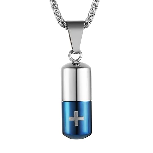 STWTR Stainless Steel Cylindrical Souvenir Capsule Pill Pendant Necklace, Cremated Ashes Pill Container Necklace - color: Blue