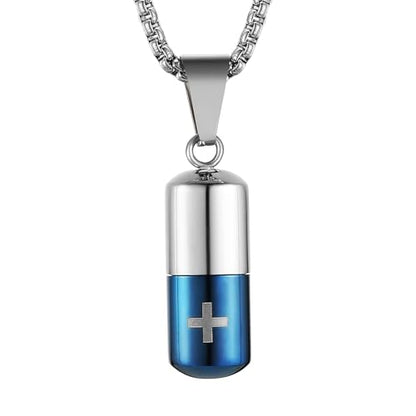 STWTR Stainless Steel Cylindrical Souvenir Capsule Pill Pendant Necklace, Cremated Ashes Pill Container Necklace - color: Blue