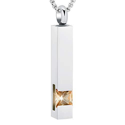 Oinsi Urn Necklaces for Ashes Crystal Cremation Urn Jewelry Birthstone Cube Urns for Human Ashes Memorial Ashes Necklace Pendant Keepsake CZ Bar Urn Locket for Men Women - color: Sliver (Orange Stone)