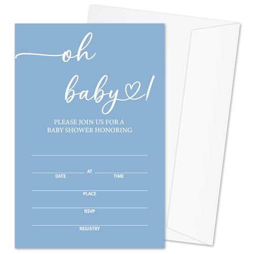 Oh Baby! Baby Shower Invitations for Boys, Blue Minimalism Invite Cards for Baby Announcement, 25 Set of Fill-in Invites with Envelopes, Gender Reveal Party Supplies -B15 - color: blue