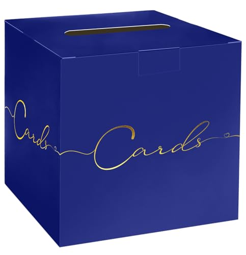 HEIPINIUYE Large Card Box for Party 9.8" x 9.8" Blue Card Box with Gold Foil Design Envelope Box Gift Card Holder Box for Wedding Birthday Baby Shower Retirement Graduation Party Raffle Box - color: Blue Card Box with Gold Foil