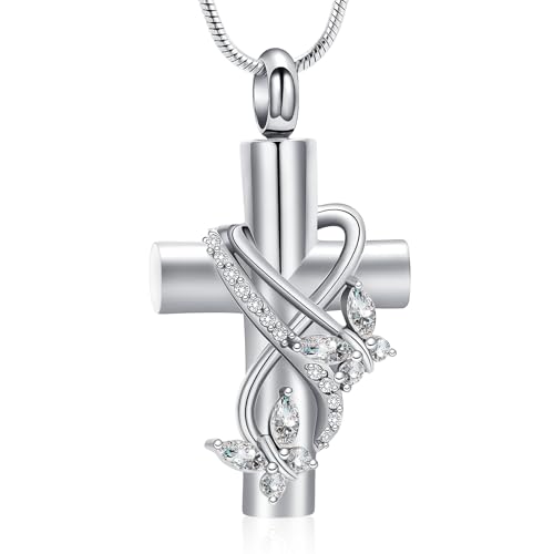 Cross Cremation Jewelry Butterfly Urn Necklace for Human Ashes for Women Men Memorial Ashes Keepsake Birthstone Pendant - color: Silver-White