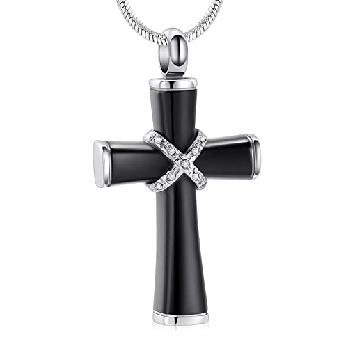 Minicremation Rope Winding Cross Cremation Ashes Urn Pendant Necklace Memorial Keepsake Jewelry Lord’s Prayer Cross Ashes Necklaces - color: Black with Crystal