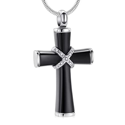 Minicremation Rope Winding Cross Cremation Ashes Urn Pendant Necklace Memorial Keepsake Jewelry Lord’s Prayer Cross Ashes Necklaces - color: Black with Crystal