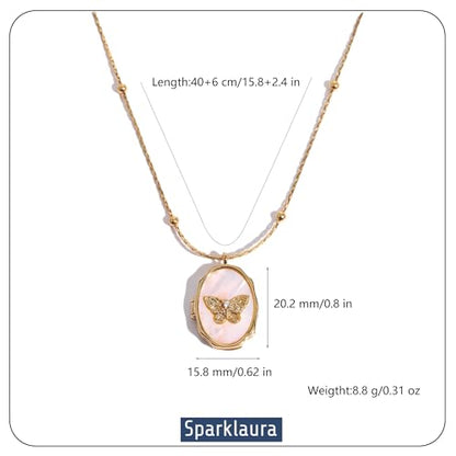 Gold Locket Necklace for Women Vintage, Heart Star Moon Butterfly Angel Holds Picture Photo Oval Locket Pendant Memorial Necklace Personalized Celestial Jewelry Birthday Gifts - style: Oval Butterfly