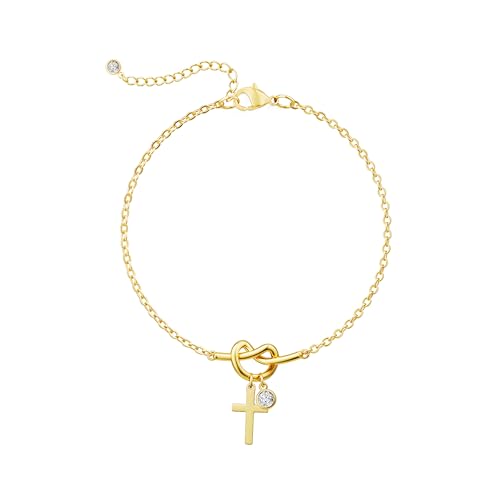 Moodear Cross Bracelet for Women, Dainty Sterling Silver/Gold Plated Gift | Christian Religious Gifts for Teen, Stocking Stuffers, Adjustable Link Bracelets, Sparkling CZ Cross, Non Tarnish Jewelry - color: Gold Knot Cross Bracelet