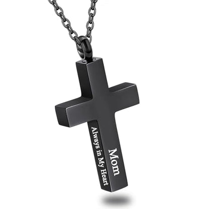 Cross Urn Necklace for Ashes for Men Women Cremation Jewelry Urns Locket Pendant Ashes Holder Memorial Jewelry-Always in My Heart - color: Black Mom
