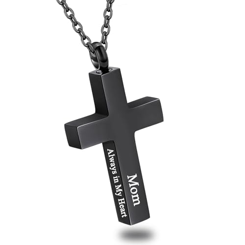 Cross Urn Necklace for Ashes for Men Women Cremation Jewelry Urns Locket Pendant Ashes Holder Memorial Jewelry-Always in My Heart - color: Black Mom