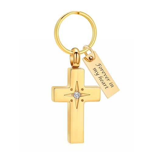 Imrsanl Cross Urn Necklace for Women Men Cremation Jewelry for Ashes Memorial Pendant Human Pet Funeral Ashes Holder Keepsake - color: Keychain-Gold