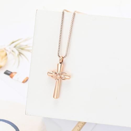 XSMZB Rose Flower Cross Cremation Jewelry for Ashes Human Pet Funeral Urn Pendant Cross Keepsake Ashes Necklace Memorial Gift - color: Rose Gold