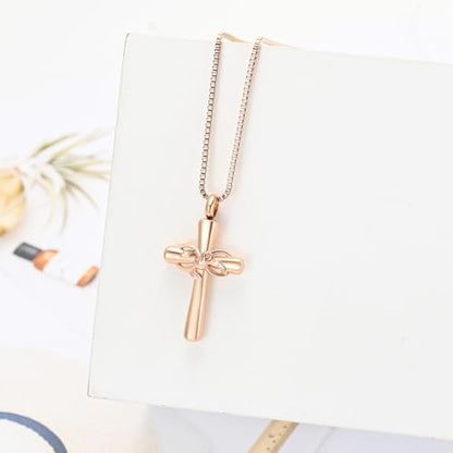 XSMZB Rose Flower Cross Cremation Jewelry for Ashes Human Pet Funeral Urn Pendant Cross Keepsake Ashes Necklace Memorial Gift - color: Rose Gold