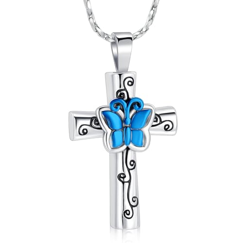 Butterfly Cross Urn Necklace for Ashes Birthstone Cremation Jewelry for Men Women Ashes Pendant Keepsake Memorial Ash Jewelry - color: Blue