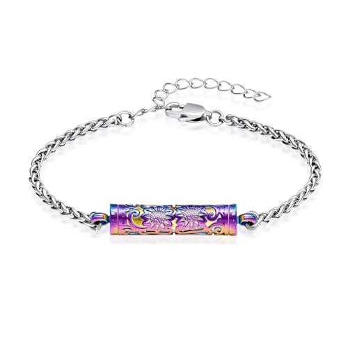 shajwo Cremation Jewelry Sunflower Cylinder Urn Bracelet for Ashes | Adjustable Memorial Keepsake Link Bracelet for Women - color: Rainbow