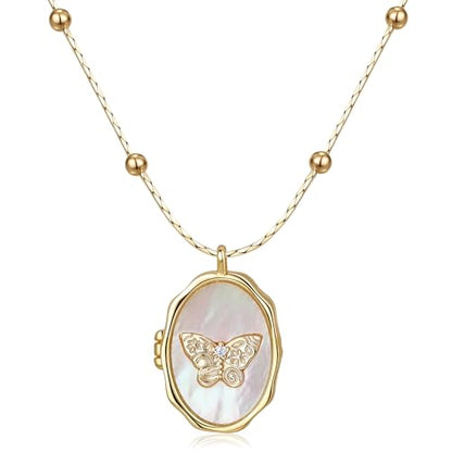 Gold Locket Necklace for Women, Vinatge Heart Oval Butterfly Angel Engraved Pendant that Holds Picture Photo Locket Memorial Necklace Personalized Jewelry Birthday Gifts - color: Oval Butterfly