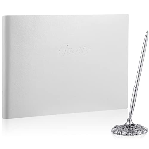 Geyee Leather Guest Book and Pen Stand Set, 10.5" x 8" Embossed Guests Sign in Book Registry Book for Funeral, Wedding Reception, Vacation Homes and Events, 80 Sheets (White) - color: White