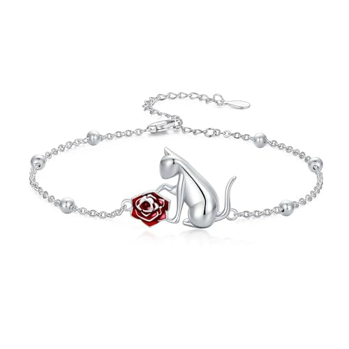 AOBOCO 925 Sterling Silver Cute Cat Kitty Bracelet Adjustable Link Chain, Cat Jewelry Gifts for Cat Lovers 7-9 inches - style: D-Rose Cat