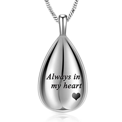 Yinplsmemory Carved Teardrop Keepsake Ashes Necklace Urn Pendant Cremation Memorial Jewelry-Always in my heart - color: Silver-Always in my heart
