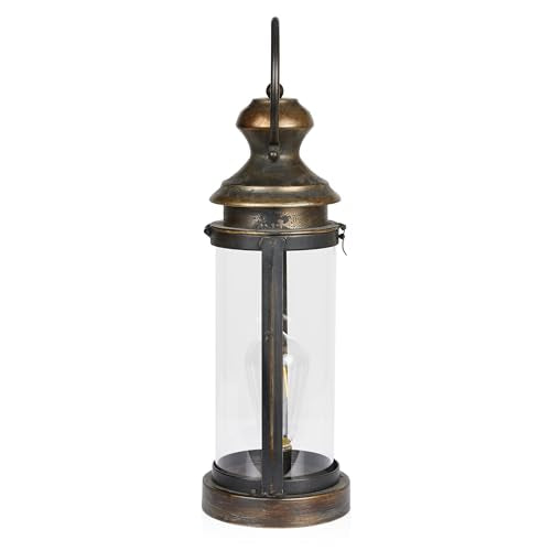 Alpine Corporation ILT102HH-S-GD Gold Metal & Glass Lantern with Warm White LED Light, LED Patio Light, 17" H, Small, Gold - style: 19" H - Gold Metal and Glass w/ Light