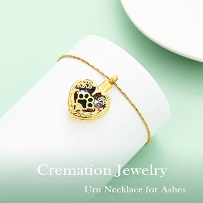 Yinplsmemory Pet Urn Necklace Pendant Jewelry for Dog Cat Memorial Crystal Heart Cremation Jewelry with Paw Print Ashes Keepsake Funeral Jewelry - color: Gold-purple
