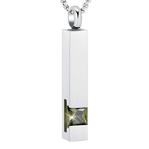 Oinsi Urn Necklaces for Ashes Crystal Cremation Urn Jewelry Birthstone Cube Urns for Human Ashes Memorial Ashes Necklace Pendant Keepsake CZ Bar Urn Locket for Men Women - color: Sliver (Olive Green Stone)