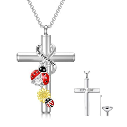 Cross Urn Necklace for Ashes 925 Sterling Silver Cremation Jewelry with Funnel Filler Kit Ashes Necklace for Human Women Girl Pets - color: G_Ladybug Urn Necklace, style: Personalized