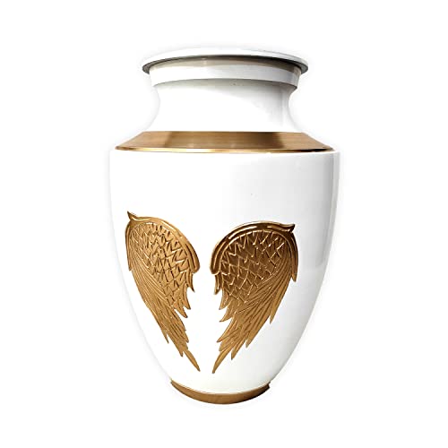 Angel Wing Cremation Urn for Human Ashes, Adult, 200 Cubic Inches | Gold Angel Wing Design, Hand-Finished White Aluminum, Threaded Lid, Felt Base, Sized for an Adult to 200 lbs