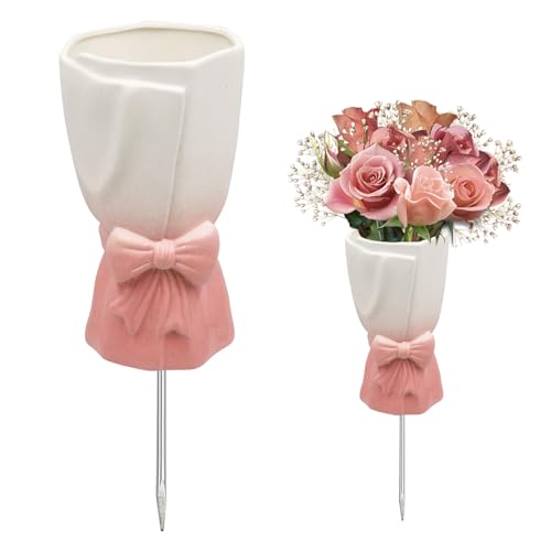Cemetery Vase for Grave Decorations with Metal Spike, Ceramics Vase for Memorial Markers, Graveside Decor Sign for Outdoor Yard Lawn