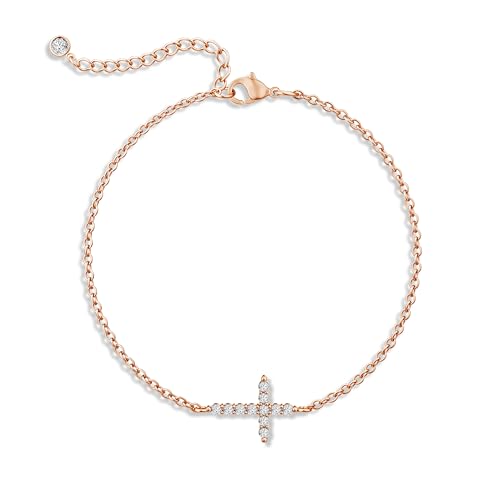 Moodear Cross Bracelet for Women, Dainty Sterling Silver/Gold Plated Gift | Christian Religious Gifts for Teen, Stocking Stuffers, Adjustable Link Bracelets, Sparkling CZ Cross, Non Tarnish Jewelry - color: CZ Rose Gold Cross Bracelet