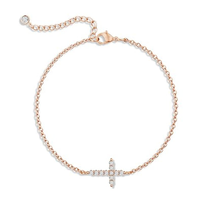 Moodear Cross Bracelet for Women, Dainty Sterling Silver/Gold Plated Gift | Christian Religious Gifts for Teen, Stocking Stuffers, Adjustable Link Bracelets, Sparkling CZ Cross, Non Tarnish Jewelry - color: CZ Rose Gold Cross Bracelet