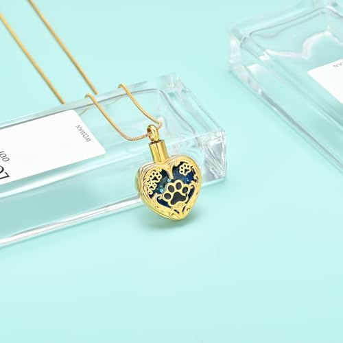 Heart Urn Necklace For Ashes Birthstone Pet Memorial Jewelry Dog Paw Print Cremation Pendant Stainless Steel Keepsake Gift For Pet Lovers - color: Gold blue