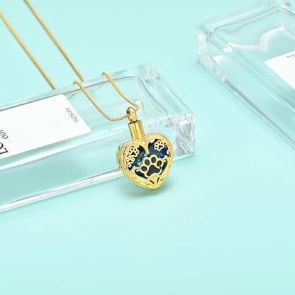 Heart Urn Necklace For Ashes Birthstone Pet Memorial Jewelry Dog Paw Print Cremation Pendant Stainless Steel Keepsake Gift For Pet Lovers - color: Gold blue
