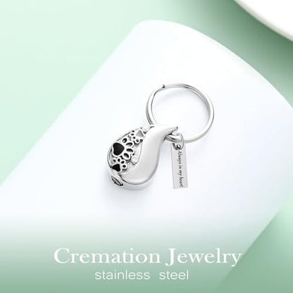 Hearbeingt Teardrop Urn Keychain for Ashes Tree of Life Cremation Jewelry - color: Paw Print-silver