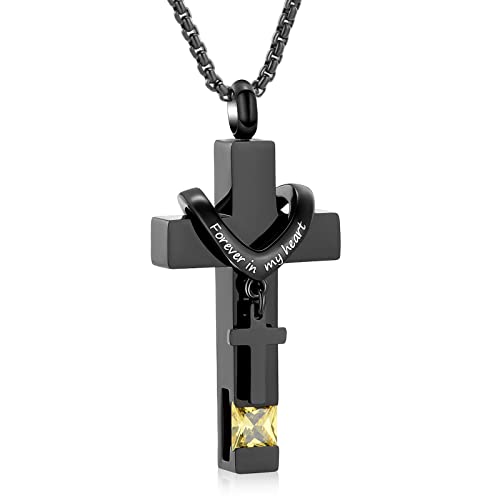 Oinsi Black Cross Urn Necklace For Ashes Of Loved Ones With Birthstone Always In My Heart Cremation Jewelry Keepsake Pendant Women Men - color: Yellow Sone