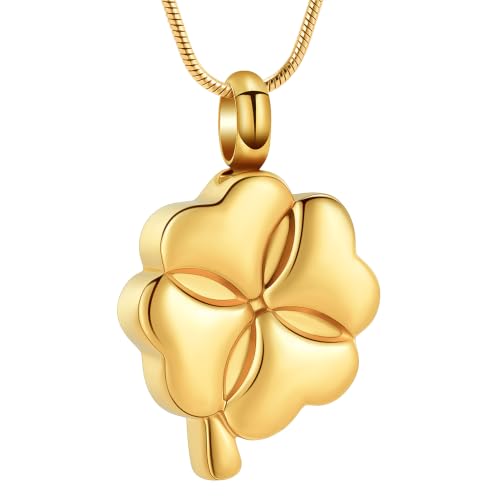 Cremation Jewelry Memorial Urn Necklace for Ashes Lucky Four-Leaf Clover Urn Pendant Necklace Ashes Keepsake for Women Men - color: Gold