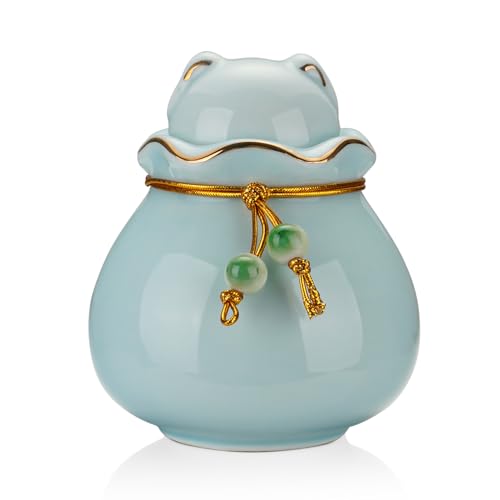 SOITIS Pet Memorial Urn for Cat or Dog Ashes - 3.54"x3.15" Elegant Ceramic Keepsake with Pet-Shaped Lid & Gold Trim, Small Blue Urn for Pet Ashes Pet Memorial Keepsake Portable Size for Pet - color: Blue