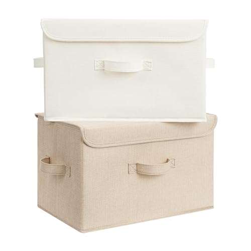 GRANNY SAYS Memory Keepsake Storage Box, Fabric Storage Bins with Lids | Flip-Top Lid, Collapsible, Stackable, 3 Handles, Ideal for Closet Clothes Blanket Toys, Large, Ivory White&Khaki, 2-Pack - color: Ivory White&Khaki, size: Large-2 Pack