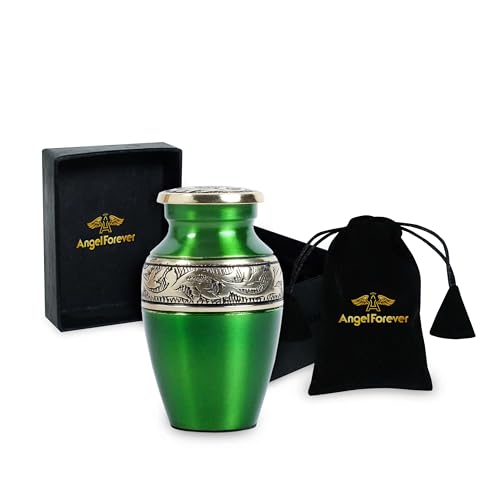 Mini Brass Keepsake Urn for Human Ashes – Handcrafted Green Metal Memorial Urn with Silver Engraved Band – 3 Cubic Inch Small Funeral Cremation Urn for Adult or Pet Ashes with Velvet Bag & Gift Box - size: Green