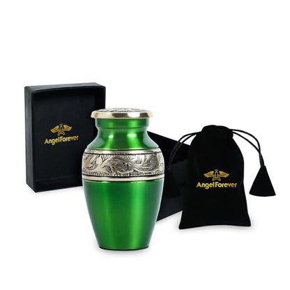 Mini Brass Keepsake Urn for Human Ashes – Handcrafted Green Metal Memorial Urn with Silver Engraved Band – 3 Cubic Inch Small Funeral Cremation Urn for Adult or Pet Ashes with Velvet Bag & Gift Box - size: Green