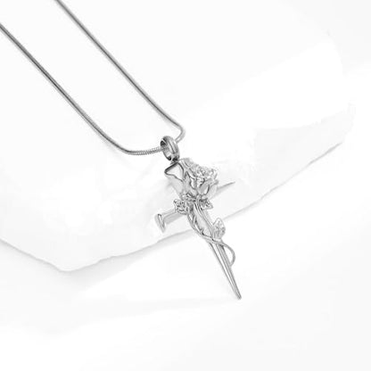 Imrsanl Cremation Jewelry Nail Cross Urn Necklace Pendant - color: Rose Flower-Silver