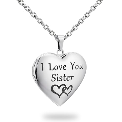 PHOCKSIN Personalized Locket Necklace for Women Photo Necklace with Customized Picture Birth Flower Birthstone Customizable Birthday Gifts - color: #20 Heart Silver Sister