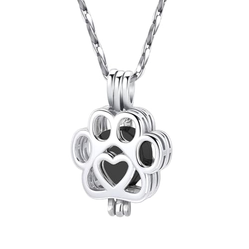 Paw Print Urn Necklace for Pet Ashes Stainless Steel Memorial Locket Cremation Jewelry Dog/Cat Keepsake Pendant with Mini Case Sympathy Gift for Pet Lovers Women Men - color: Silver-Black