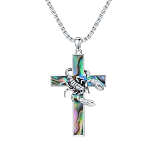 PROESS Cross Necklace for Women Men Sterling Silver Rose/Sunflower Cross Pendant Religious Jewelry Christmas Birthday Mothers' Day Gifts - color: 01-01-Scorpion-Abalone Shell
