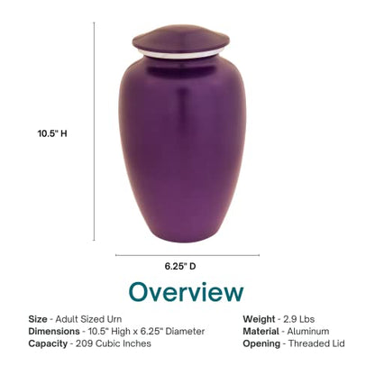 Dark Amethyst Cremation Urn for Ashes, Aluminum, Purple Urn, Adult Sized Cremation Urn, 10.5 Inches High - color: Dark Amethyst