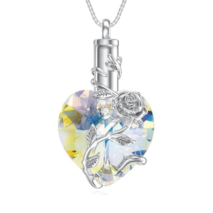 OCJ Heart Rose Flower Urn Necklace for Ashes Women Birthstone Cremation Necklaces Sterling Silver Memorial Cremation Jewelry Gifts - color: 04-April-Diamond