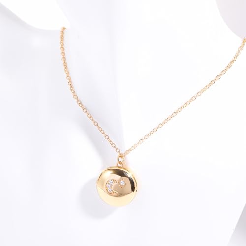 Gold Locket Necklace for Women Vintage, Heart Star Moon Butterfly Angel Holds Picture Photo Oval Locket Pendant Memorial Necklace Personalized Celestial Jewelry Birthday Gifts - style: Round Star Moon