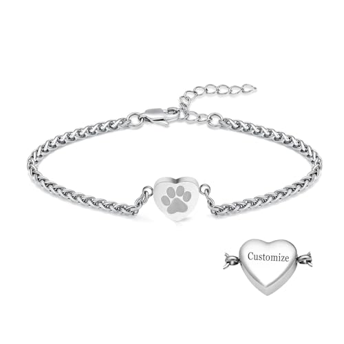 zeqingjw Cremation Heart Urn Bracelet for Pets Ashes Pet Paw Print Bangle for Dog Cat Ashes Stainless Steel Memorial Keepsake Urn Jewelry - color: Customize