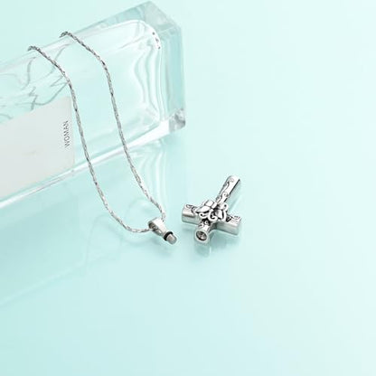 Butterfly Cross Urn Necklace for Ashes Birthstone Cremation Jewelry for Men Women Ashes Pendant Keepsake Memorial Ash Jewelry - color: Silver
