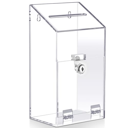 Juexica Large Clear Acrylic Donation Box with Lock and Slot, Wall Mountable Suggestion Ballot Box, Raffle Ticket Boxes for Office, School, Church, Voting & Fundraising, 10.24'' x 5.63'' x 4.02'' - color: clear