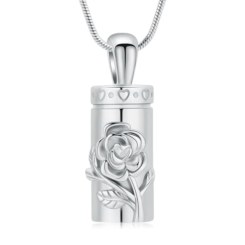 Rose Urn Necklace for Ashes for Women/Men Flower Cremation Pendant Memorial Keepsake Jewelry Gift for Loved One - color: Silver