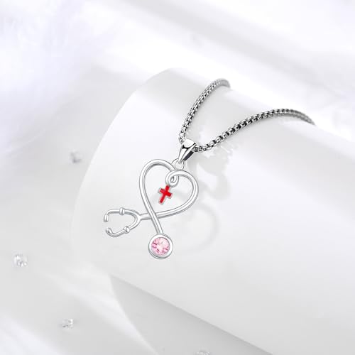 Angel Wings Necklace 925 Sterling Silver Guardian Angel Nurse RN Caduceus Pendant Charm Crystal Angel Jewelry Gifts for Women - style: H-Stethoscope-10-Oct.-Tourmaline Pink